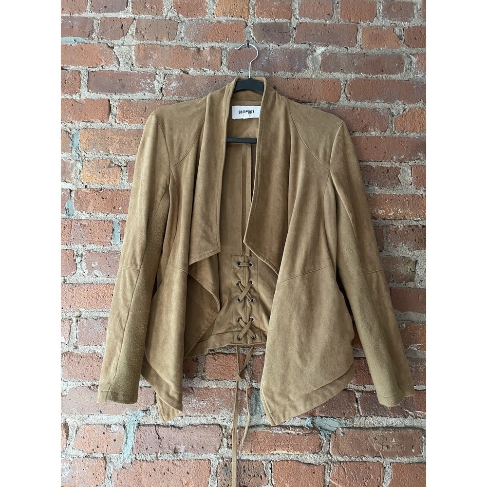 BB DAKOTA Women Faux Leather‎ Drape Front Jacket Sz M Tan Tie Back